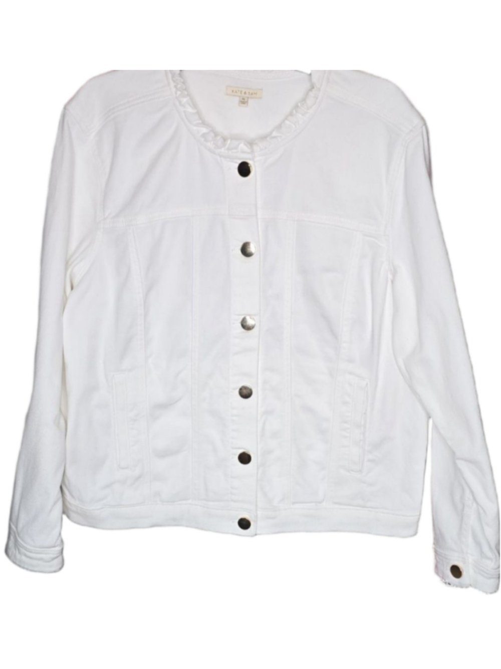 Kate & Sam White Ruffle Neck Button Front Jacket XL
